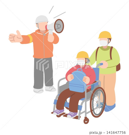 避難してきた車椅子利用者と介助者を誘導する人物イラスト 141647756