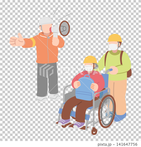 避難してきた車椅子利用者と介助者を誘導する人物イラスト 141647756