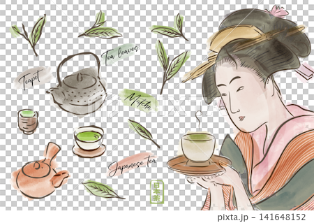 一套水彩風格的日本插畫，描繪了抹茶、日本茶、茶葉和一位穿著和服的女子。 141648152