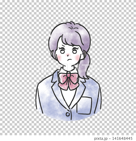 水彩風格的插畫,描繪了一個穿著校服、看起來很生氣的女孩。 水彩風格的插畫,描繪了一個穿著校服、看起來很生氣的女孩。 141648445