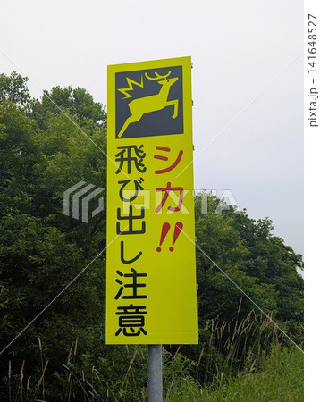 動物注意看板 シカ飛び出し注意 動物注意看板 シカ飛び出し注意 141648527