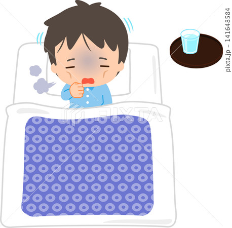 布団で上体を起こして咳き込む病弱な男性 布団で上体を起こして咳き込む病弱な男性 141648584