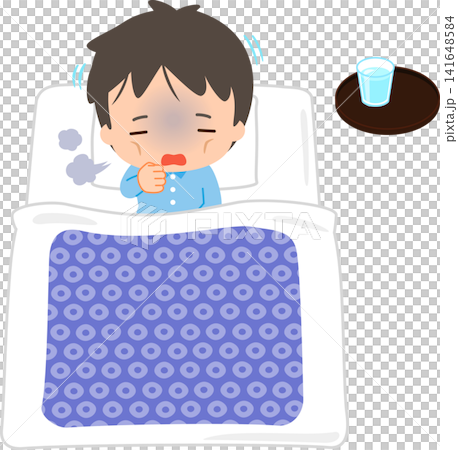 布団で上体を起こして咳き込む病弱な男性 布団で上体を起こして咳き込む病弱な男性 141648584