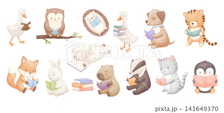 Cute animals reading book. Watercolour childish isolated llustrations set. Hand drawn stack of books. Funny goose, cat and capybara 141649370