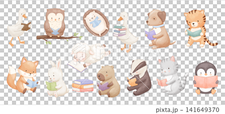 Cute animals reading book. Watercolour childish isolated llustrations set. Hand drawn stack of books. Funny goose, cat and capybara 141649370