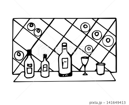 Hand-drawn black outline vector drawing. Rack, shelf with cells, bottles of wine, glasses on the table. Tasting, sale of alcoholic beverages, bar, restaurant. Wine cellar, winemaking. 141649413