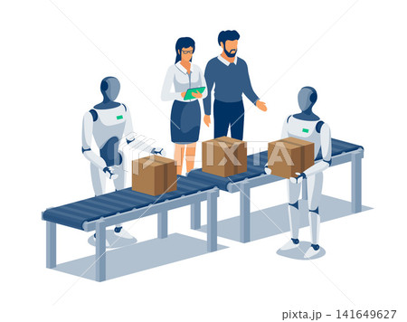 Humanoid robots working on assembly line near conveyor bolt Humanoid robots working on assembly line near conveyor bolt 141649627