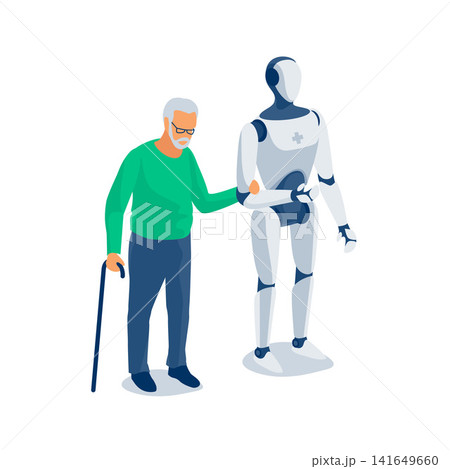 Humanoid robot nurse taking care of pensioner. Humanoid robot nurse taking care of pensioner. 141649660