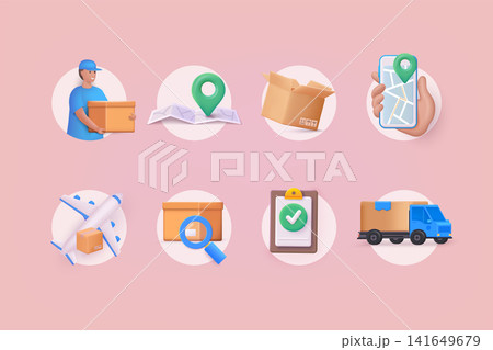 Delivery icons set. Collection of 3D linear web icons such as Shipping By Air, Delivery Date, Courier, Warehouse, Return Search Parcel, Fast Shipping. 3D Web Vector Illustration. 141649679