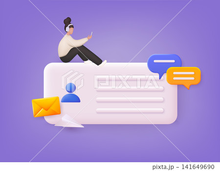 Open pages. Landing page template for web. Woman chatting. Send mail. 3D Web Vector Illustrations. Open pages. Landing page template for web. Woman chatting. Send mail. 3D Web Vector Illustrations. 141649690
