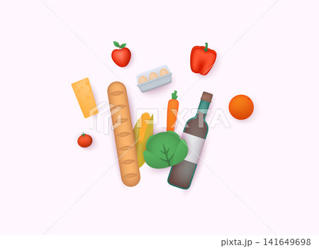 Food 3d icon. Shopping grocery. Vegetables, bread, dairy products, vine, meat and eggs. 3D Web Vector Illustrations. Food 3d icon. Shopping grocery. Vegetables, bread, dairy products, vine, meat and eggs. 3D Web Vector Illustrations. 141649698