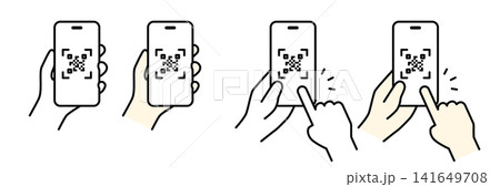 QRコードを表示したスマートフォンを持つ手のイラスト(セット) QRコードを表示したスマートフォンを持つ手のイラスト(セット) 141649708