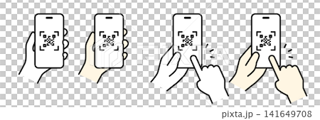 QRコードを表示したスマートフォンを持つ手のイラスト(セット) QRコードを表示したスマートフォンを持つ手のイラスト(セット) 141649708