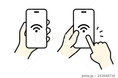 Wi-Fiを表示したスマートフォンを持つ手のイラスト（カラー） 141649710