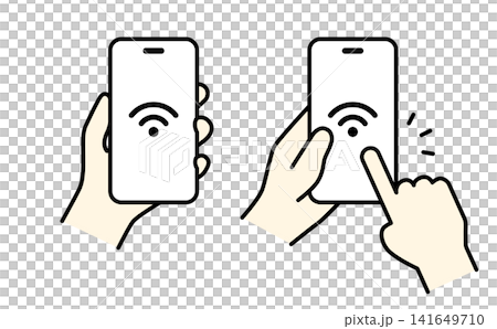 Wi-Fiを表示したスマートフォンを持つ手のイラスト（カラー） 141649710