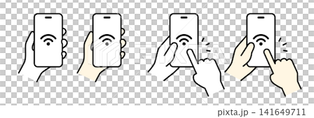 Illustrations of a hand holding a smartphone with the Wi-Fi icon displayed (set) Illustrations of a hand holding a smartphone with the Wi-Fi icon displayed (set) 141649711