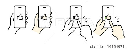 いいねアイコンを表示したスマートフォンを持つ手のイラスト(セット) いいねアイコンを表示したスマートフォンを持つ手のイラスト(セット) 141649714