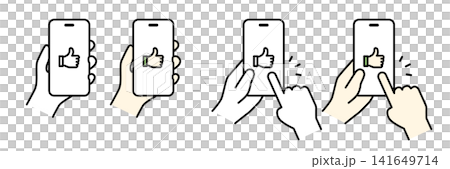 いいねアイコンを表示したスマートフォンを持つ手のイラスト(セット) いいねアイコンを表示したスマートフォンを持つ手のイラスト(セット) 141649714
