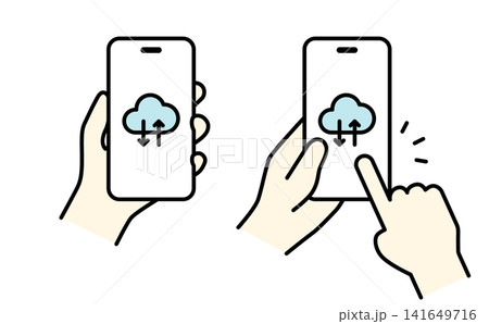クラウドアイコンを表示したスマートフォンを持つ手のイラスト（カラー） 141649716