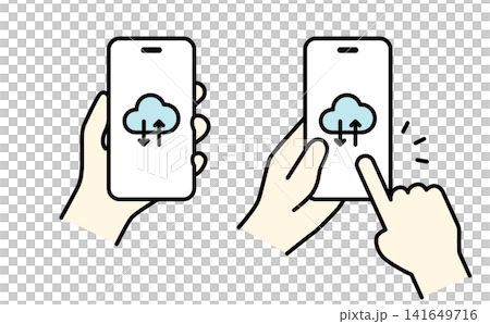クラウドアイコンを表示したスマートフォンを持つ手のイラスト（カラー） 141649716