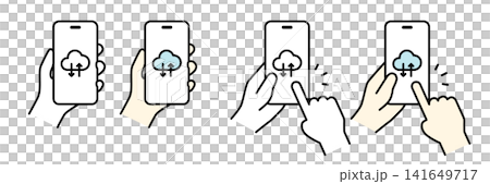 Illustrations of a hand holding a smartphone with a cloud icon displayed (set) Illustrations of a hand holding a smartphone with a cloud icon displayed (set) 141649717