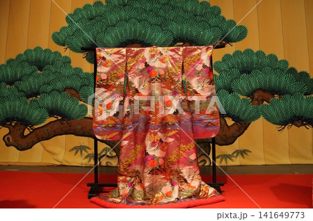 松の背景に展示された華やかな色打掛 141649773