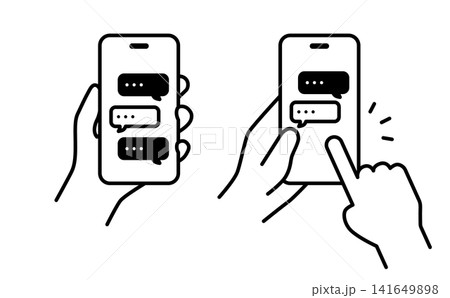 チャットを表示したスマートフォンを持つ手のイラスト（モノクロ） 141649898