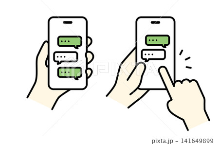 チャットを表示したスマートフォンを持つ手のイラスト（カラー） 141649899