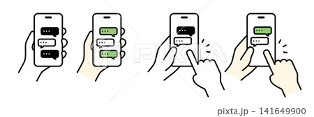 チャットを表示したスマートフォンを持つ手のイラスト(セット) チャットを表示したスマートフォンを持つ手のイラスト(セット) 141649900