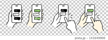 チャットを表示したスマートフォンを持つ手のイラスト(セット) チャットを表示したスマートフォンを持つ手のイラスト(セット) 141649900