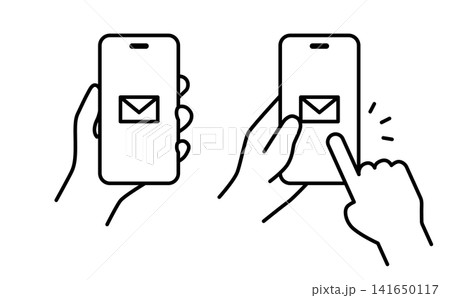 メールアイコンを表示したスマートフォンを持つ手のイラスト(モノクロ) メールアイコンを表示したスマートフォンを持つ手のイラスト(モノクロ) 141650117