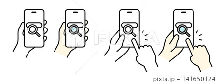 検索アイコンを表示したスマートフォンを持つ手のイラスト(セット) 検索アイコンを表示したスマートフォンを持つ手のイラスト(セット) 141650124