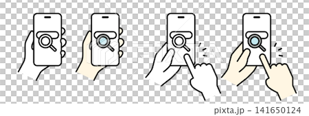 検索アイコンを表示したスマートフォンを持つ手のイラスト(セット) 検索アイコンを表示したスマートフォンを持つ手のイラスト(セット) 141650124