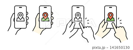 地図アイコンを表示したスマートフォンを持つ手のイラスト(セット) 地図アイコンを表示したスマートフォンを持つ手のイラスト(セット) 141650130