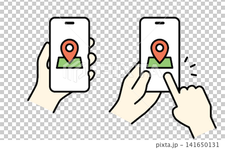 A color illustration of a hand holding a smartphone displaying a map icon. A color illustration of a hand holding a smartphone displaying a map icon. 141650131