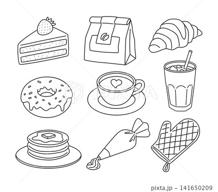Hand drawn coffee bakery dessert food and element doodle outline set. Hand drawn coffee bakery dessert food and element doodle outline set. 141650209
