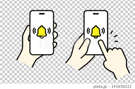 A color illustration of a hand holding a smartphone displaying a notification icon. A color illustration of a hand holding a smartphone displaying a notification icon. 141650222