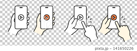 Illustrations of a hand holding a smartphone with a video icon displayed (set) Illustrations of a hand holding a smartphone with a video icon displayed (set) 141650226