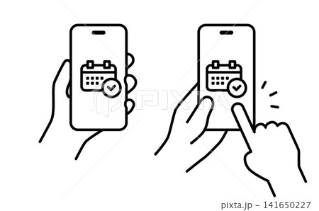 予約アイコンを表示したスマートフォンを持つ手のイラスト（モノクロ） 141650227