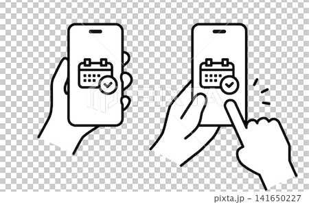A monochrome illustration of a hand holding a smartphone displaying a reservation icon. A monochrome illustration of a hand holding a smartphone displaying a reservation icon. 141650227