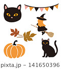 ハロウィンの魔女や黒猫やカボチャのイラストセット 141650396