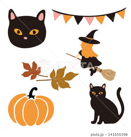 ハロウィンの魔女や黒猫やカボチャのイラストセット ハロウィンの魔女や黒猫やカボチャのイラストセット 141650396
