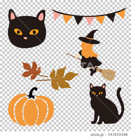 ハロウィンの魔女や黒猫やカボチャのイラストセット ハロウィンの魔女や黒猫やカボチャのイラストセット 141650396