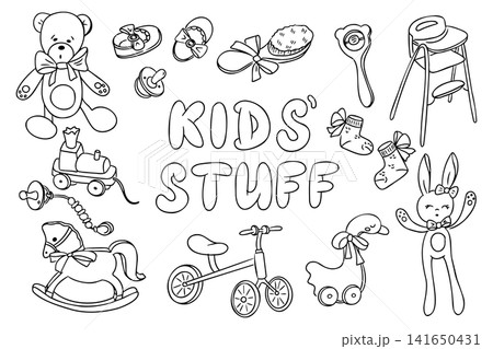 Line art illustration featuring various childrens toys including a teddy bear, rocking horse, tricycle, and baby items, arranged around the text KIDS STUFF 141650431