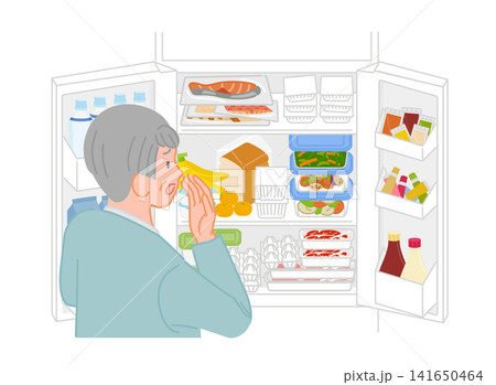 食品でいっぱいの冷蔵庫を見て驚くシニア女性のイラスト 食品でいっぱいの冷蔵庫を見て驚くシニア女性のイラスト 141650464
