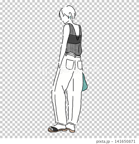 Back view layered outfit: Women's fashion illustration of a camisole and wide-leg pants. Back view layered outfit: Women's fashion illustration of a camisole and wide-leg pants. 141650871