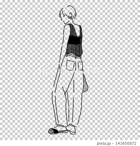 A monochrome line drawing illustration of a woman from behind, wearing layered fashion. A monochrome line drawing illustration of a woman from behind, wearing layered fashion. 141650872