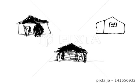3つの家のモノクロ手描き線画セット 141650932