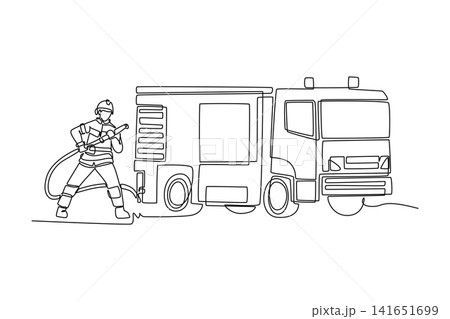 Single one line drawing brave male firefighter holding water hose connected to large fire truck, actively putting out an emergency fire on duty. Continuous line draw design graphic vector illustration Single one line drawing brave male firefighter holding water hose connected to large fire truck, actively putting out an emergency fire on duty. Continuous line draw design graphic vector illustration 141651699