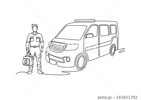 Continuous one line drawing male paramedic carrying first aid medical kit standing in front of emergency ambulance van, healthcare rescue services. Single line draw design vector graphic illustration Continuous one line drawing male paramedic carrying first aid medical kit standing in front of emergency ambulance van, healthcare rescue services. Single line draw design vector graphic illustration 141651702